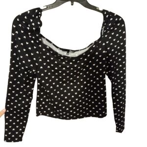 Daisy May L Birdseye All-Over Print Puff Shoulder Long Sleave Crop Top